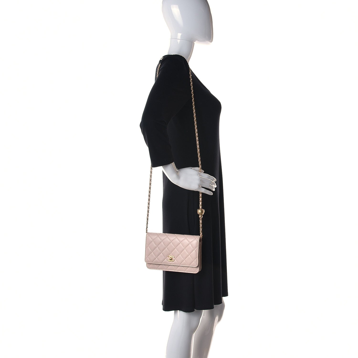 Chanel Lambskin Quilted CC Pearl Crush Wallet on Chain WOC Light Beige 2 of 13
