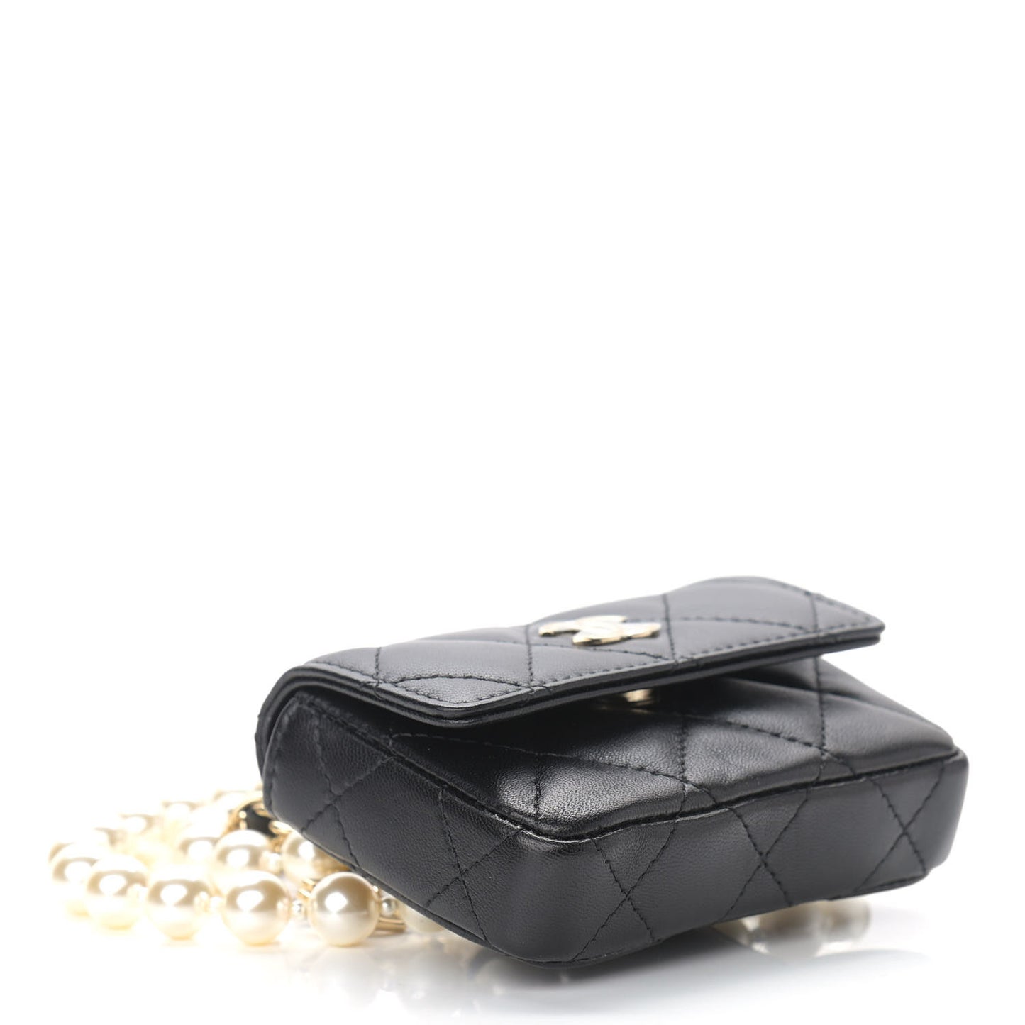Lambskin Quilted Pearl Chain Belt Bag Black