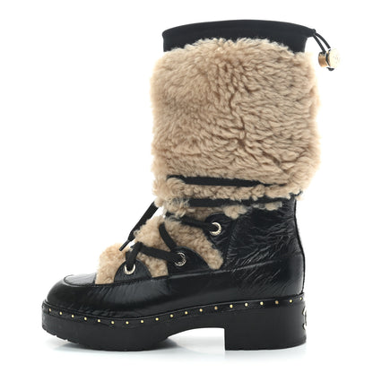 Chanel Patent Shearling Lace Up Boot 39 Black 1 of 6