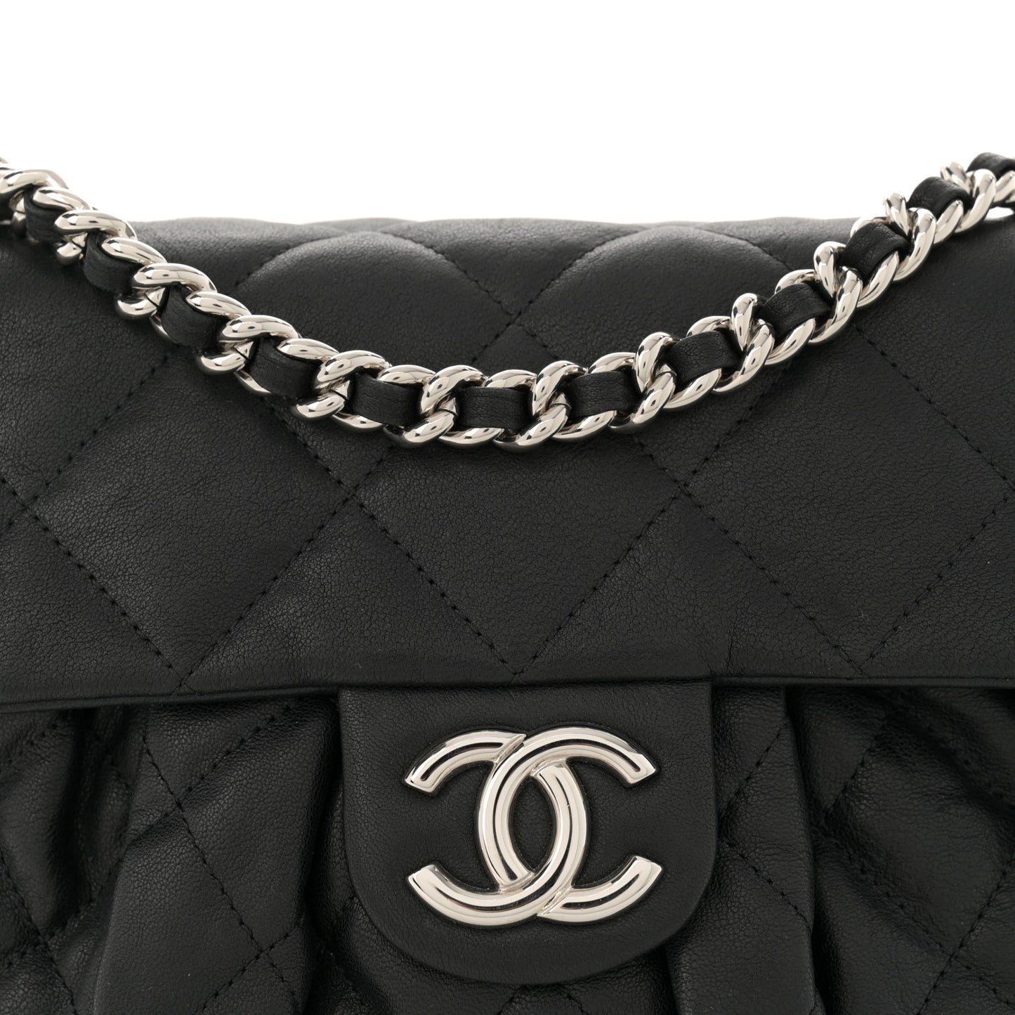 Washed Lambskin Quilted Medium Chain Around Flap  Black