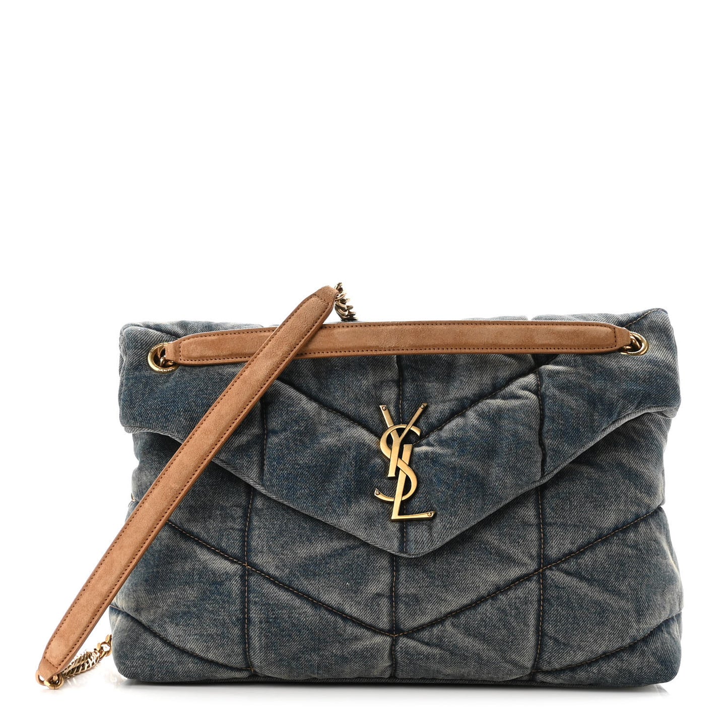 Denim Quilted Medium Loulou Puffer Monogram Chain Satchel Blue Cinnamon