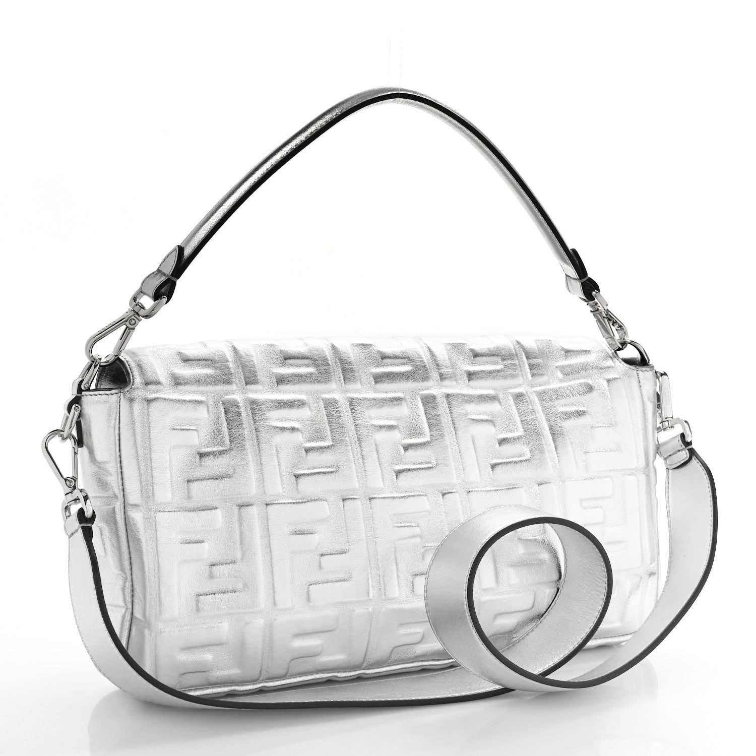 Fendi Vitello Catalan Mirror FF 1974 Embossed Large Baguette Argento 3 of 8