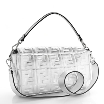 Fendi Vitello Catalan Mirror FF 1974 Embossed Large Baguette Argento 3 of 8