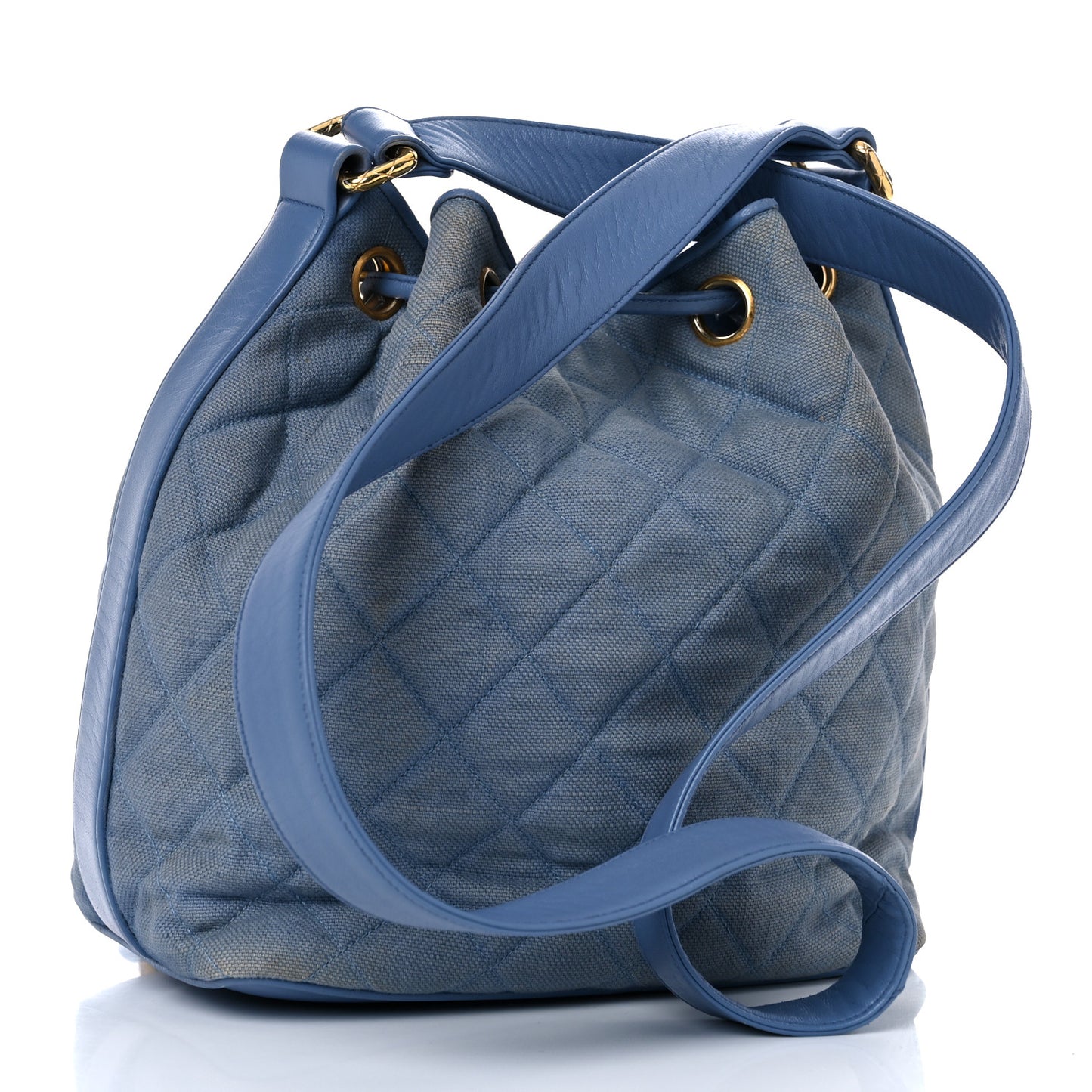 Canvas Quilted CC Drawstring Bucket Bag Blue