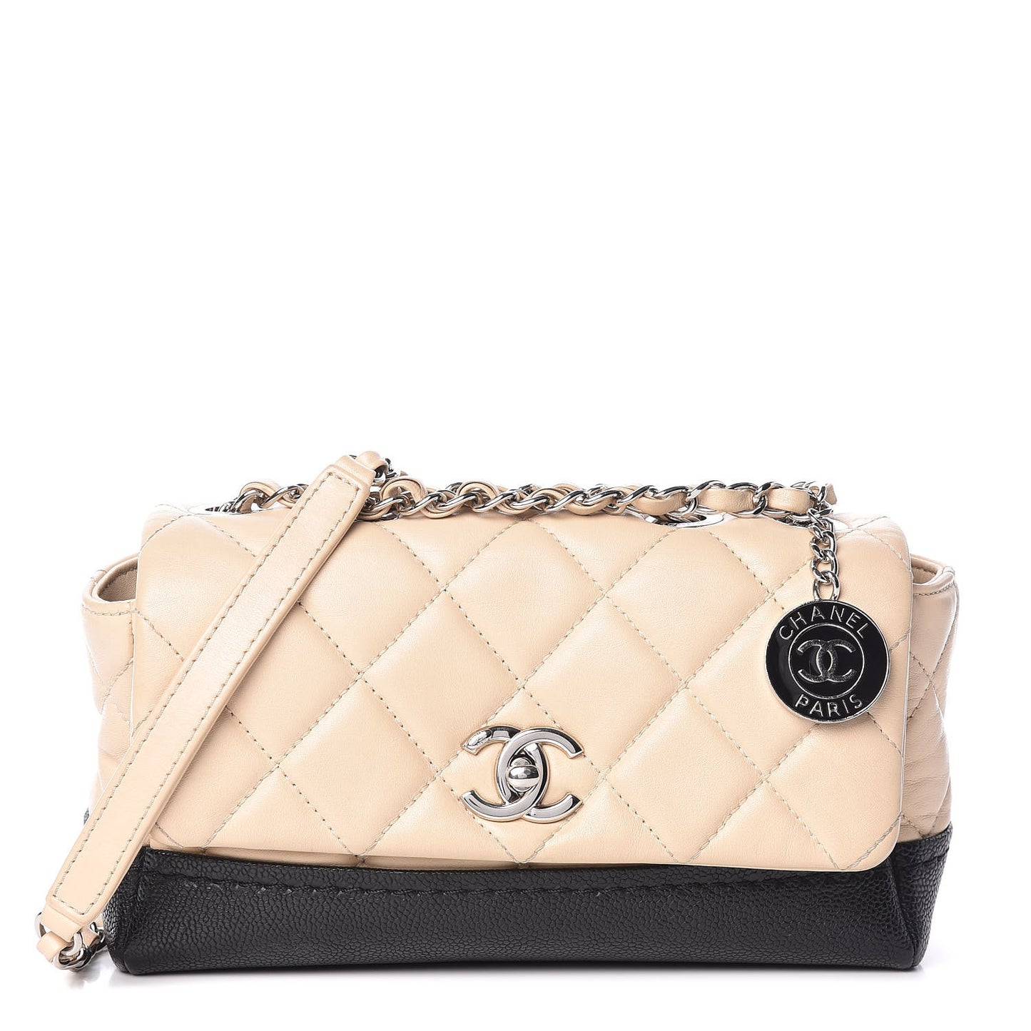 Calfskin Quilted Flap Beige Black