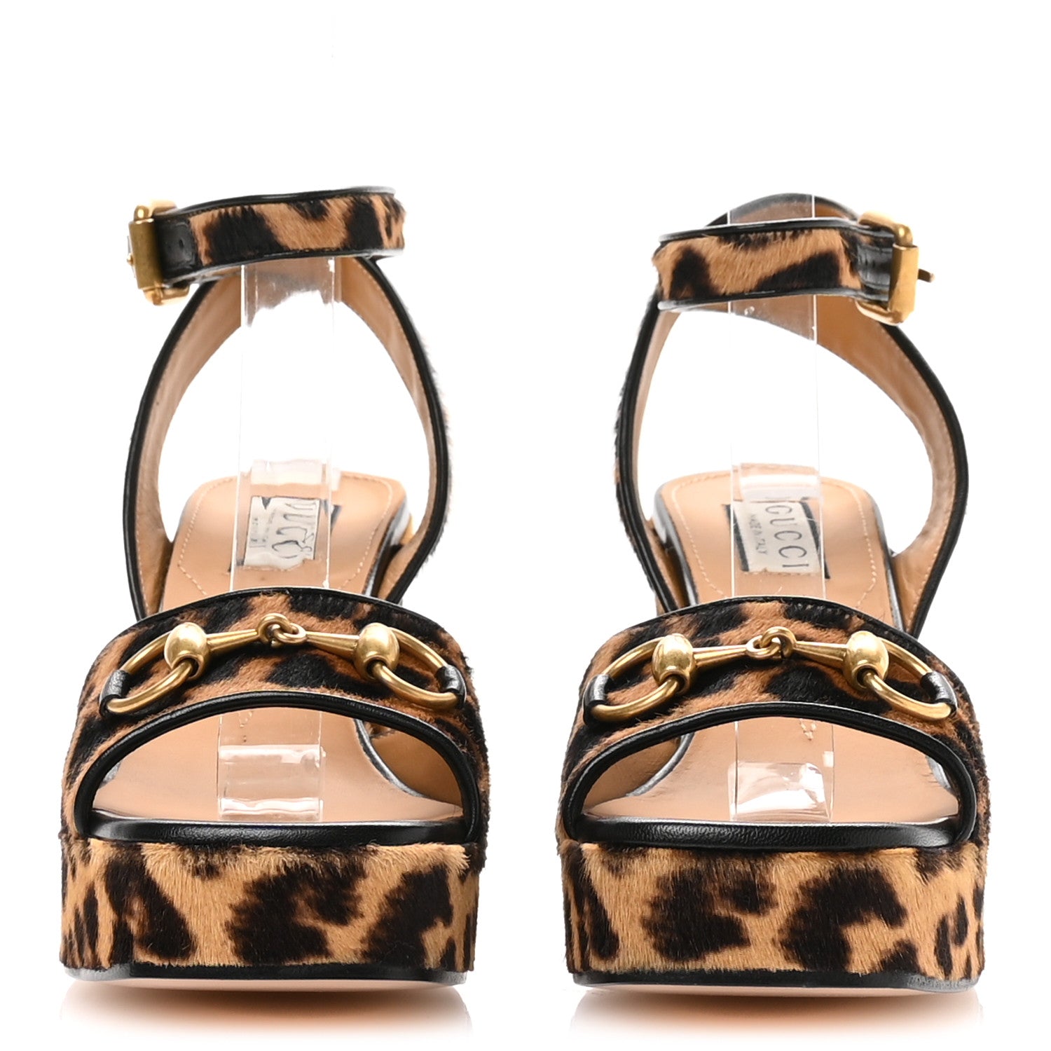 Gucci Calf Hair Leopard Print Horsebit 25/60mm Platform Sandals 36