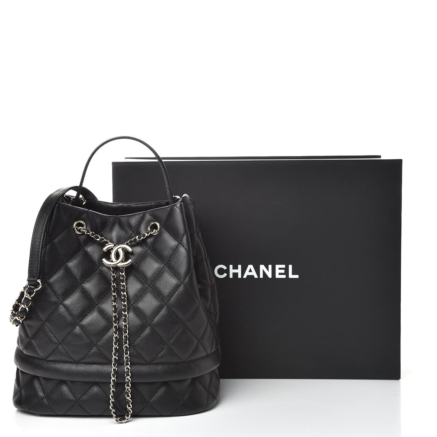Caviar Quilted Large Rolled Up Bucket Drawstring Bag Black