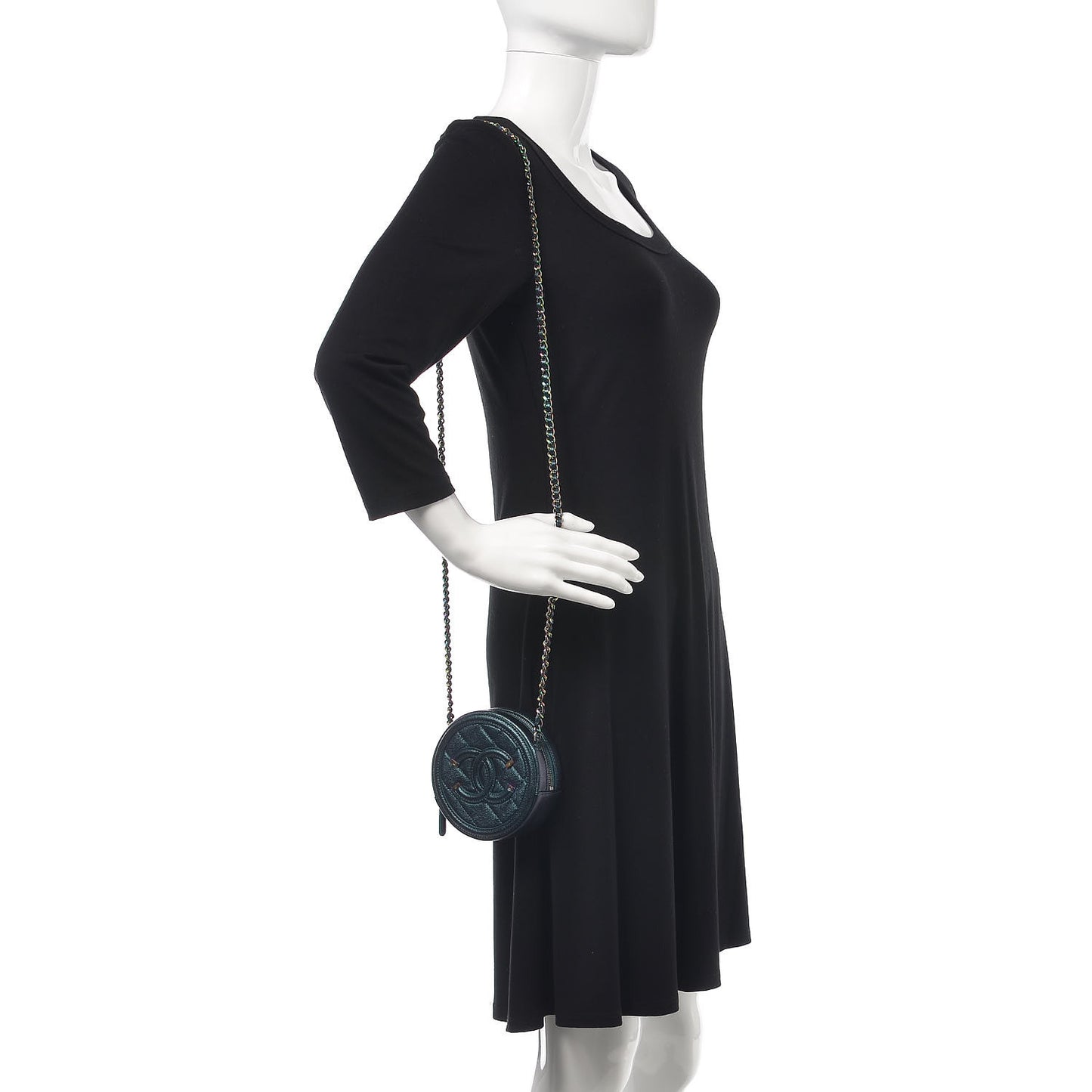 Iridescent Caviar Quilted Round Filigree Crossbody Dark Turquoise
