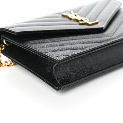 Saint Laurent Grain De Poudre Matelasse Chevron Monogram Envelope Chain Wallet Black 9 of 10