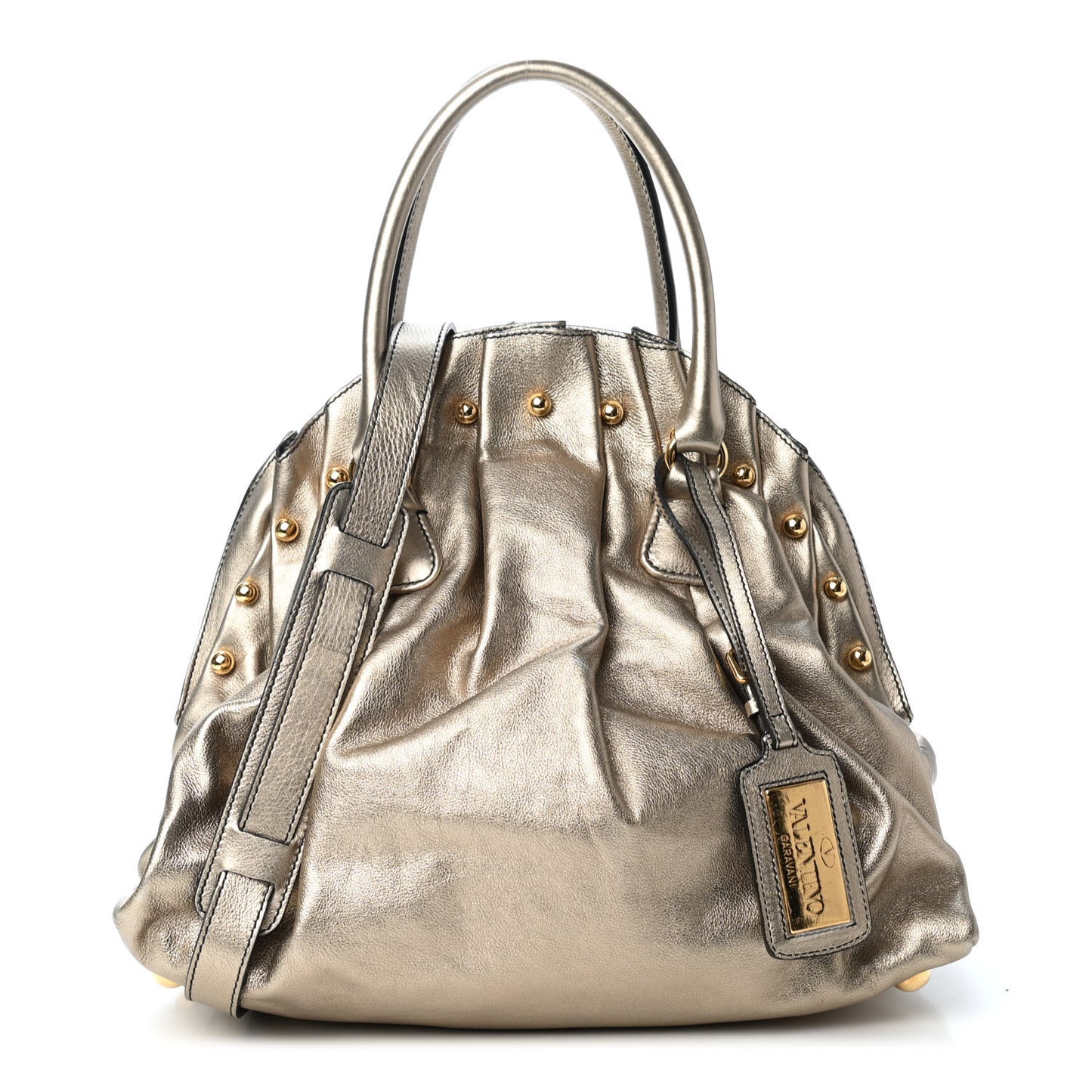 Metallic Calfskin Vanite Studded Dome Satchel Gold