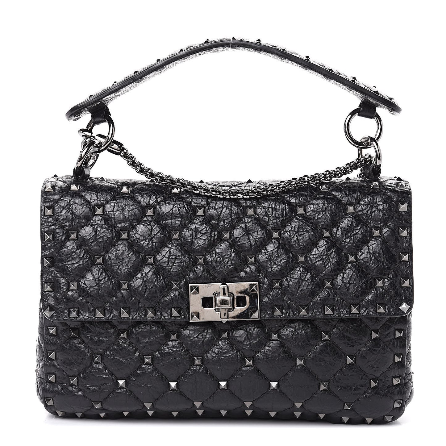Craquele Nappa Medium Rockstud Spike Shoulder Bag Black