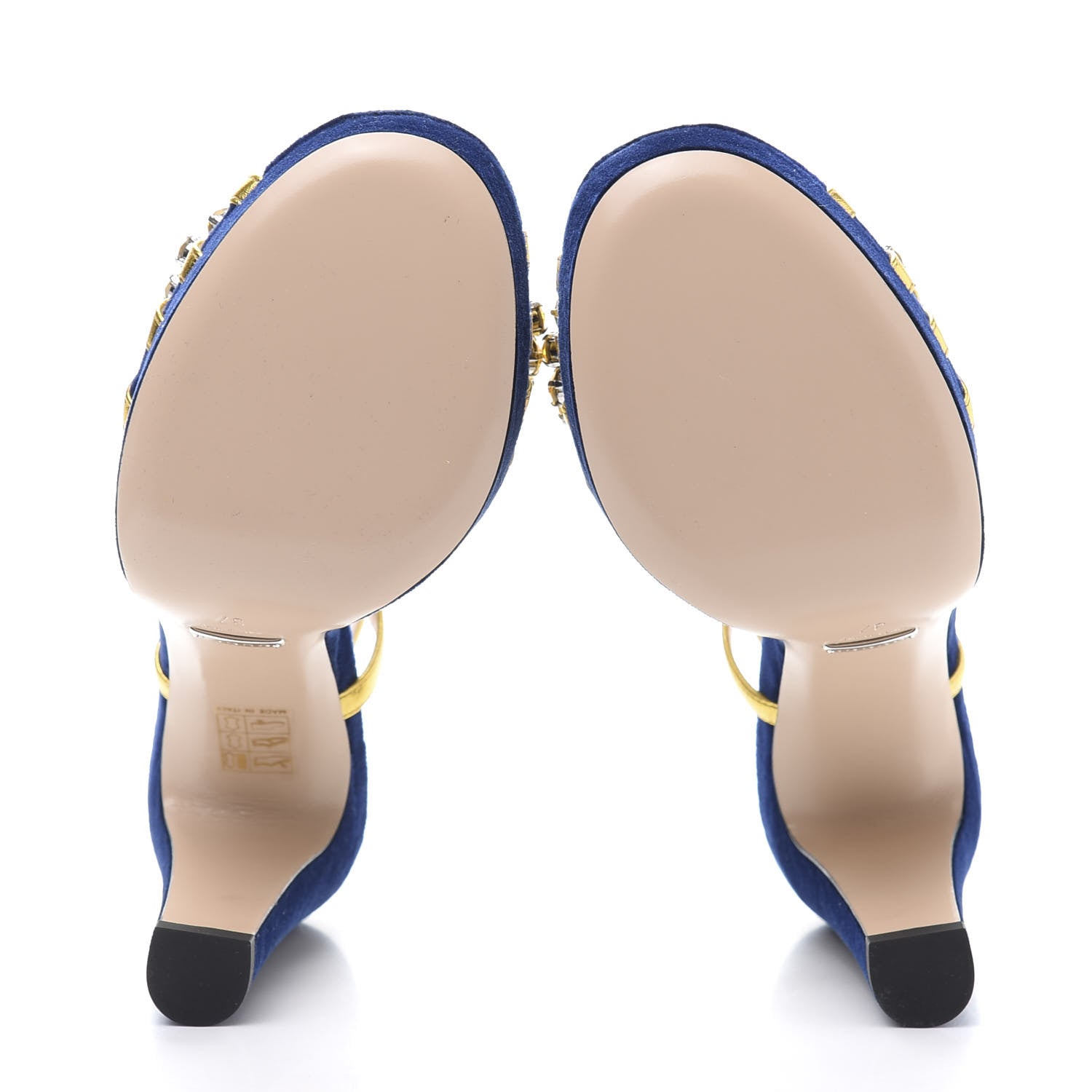 Gucci Velvet Nappa Crystal Zephyra Slingback Platform High Heel Sandals 37 Blue Gold 5 of 8