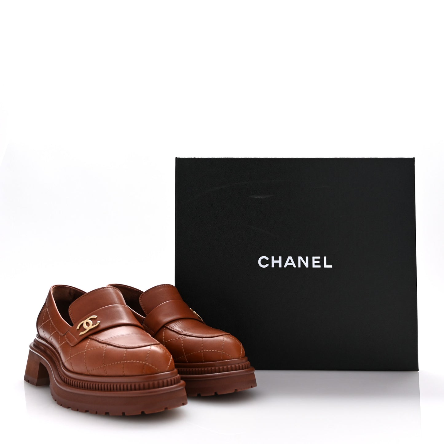 Calfskin Quilted CC Mocassin Loafers 38.5 Light Brown