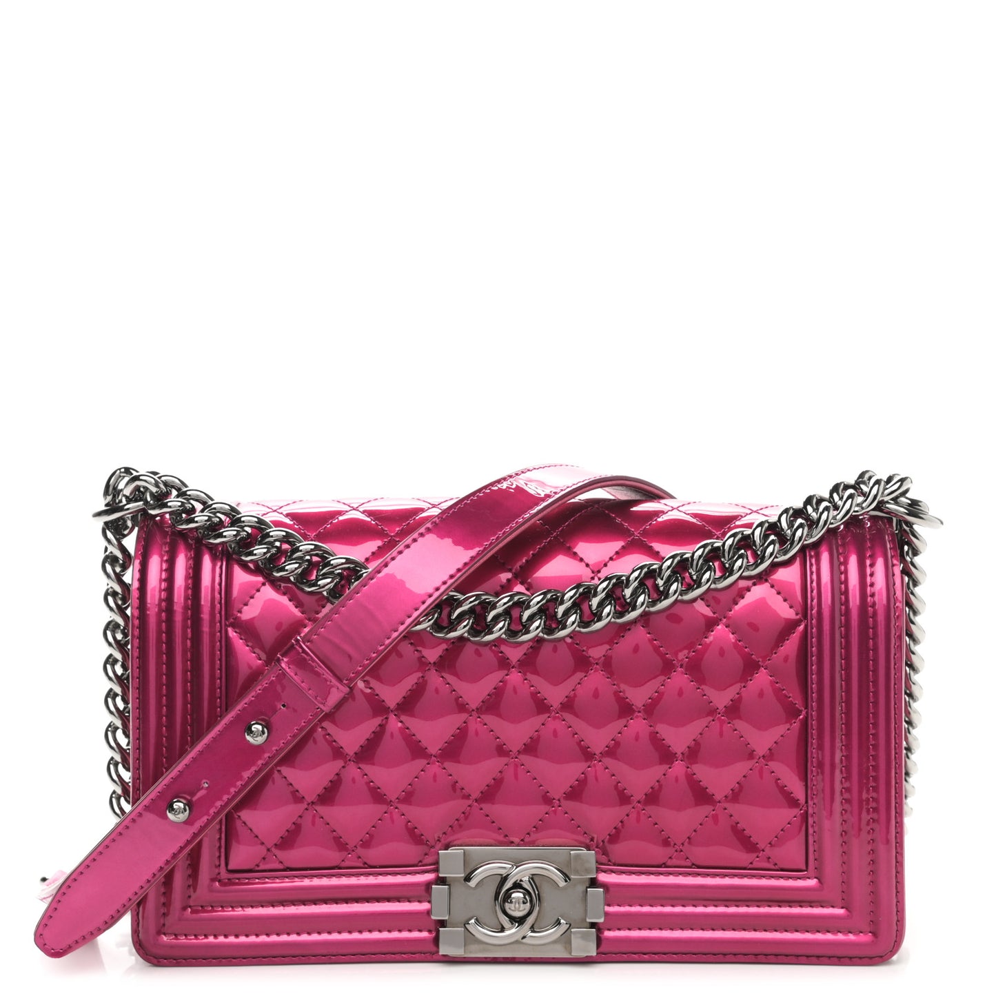 Metallic Patent Calfskin Quilted Medium Boy Flap Pink