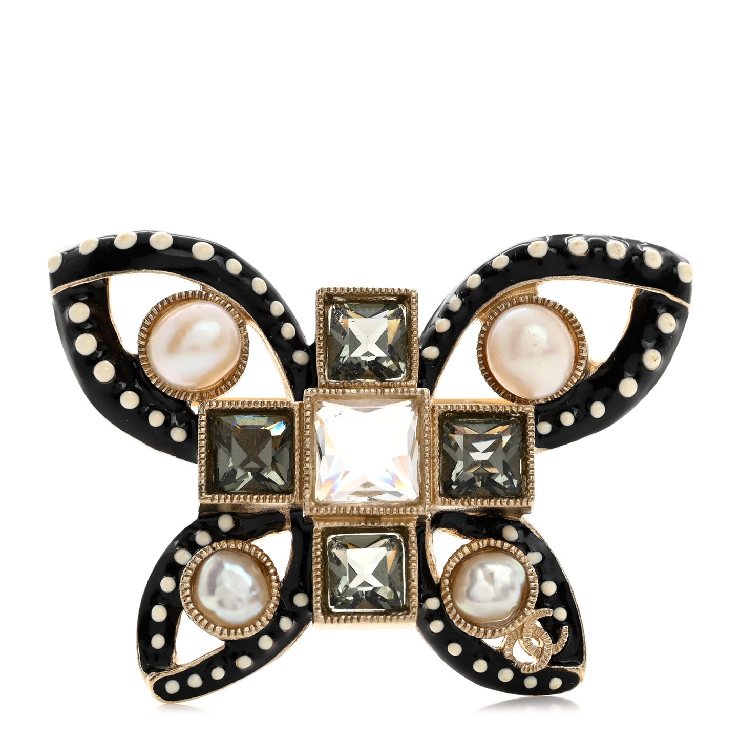 Enamel Crystal Pearl CC Butterfly Brooch Gold Black