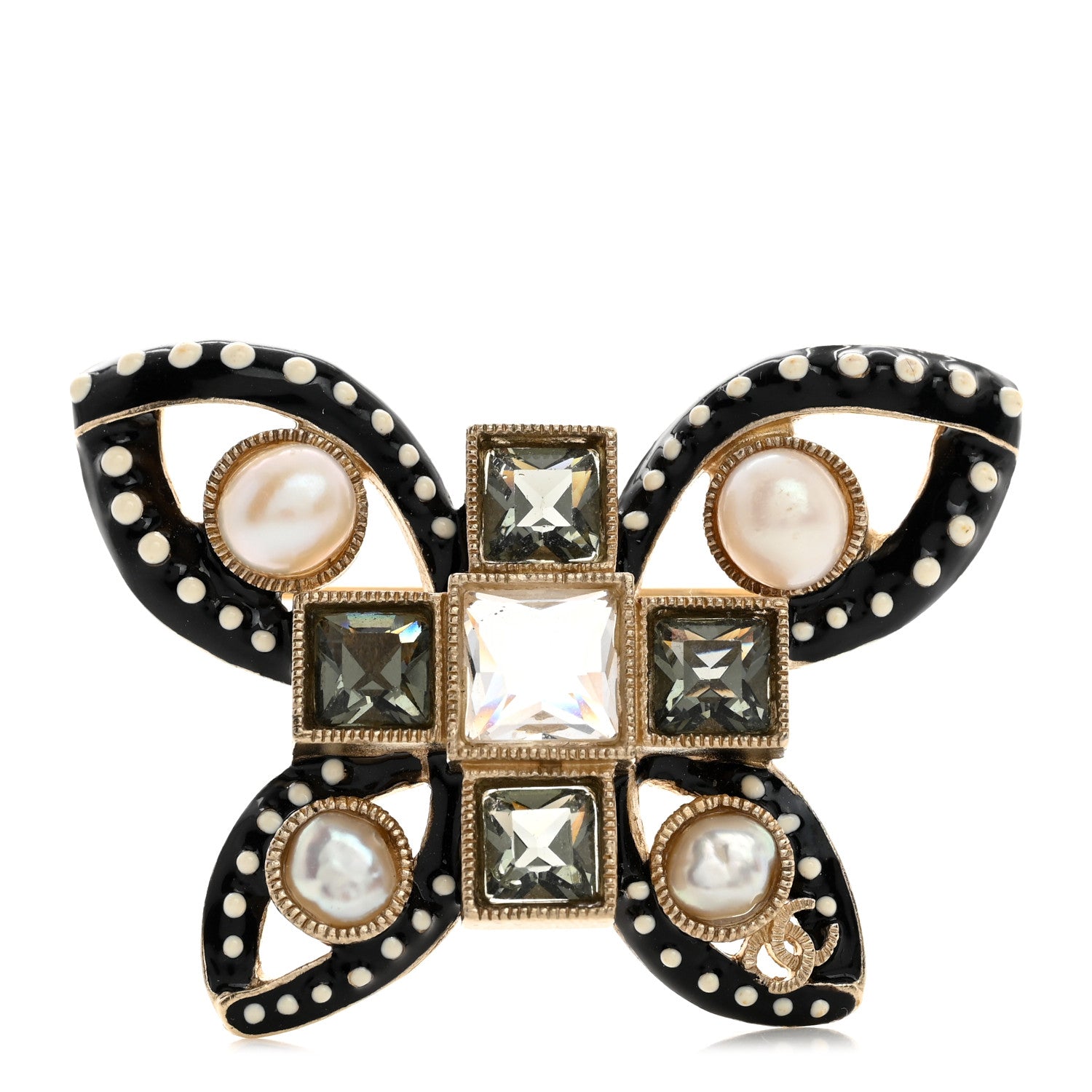 Chanel Enamel Crystal Pearl CC Butterfly Brooch Gold Black 1 of 3