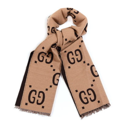 Gucci Wool Silk Monogram Jumbo GG Freedom Scarf Dark Brown Beige 1 of 4
