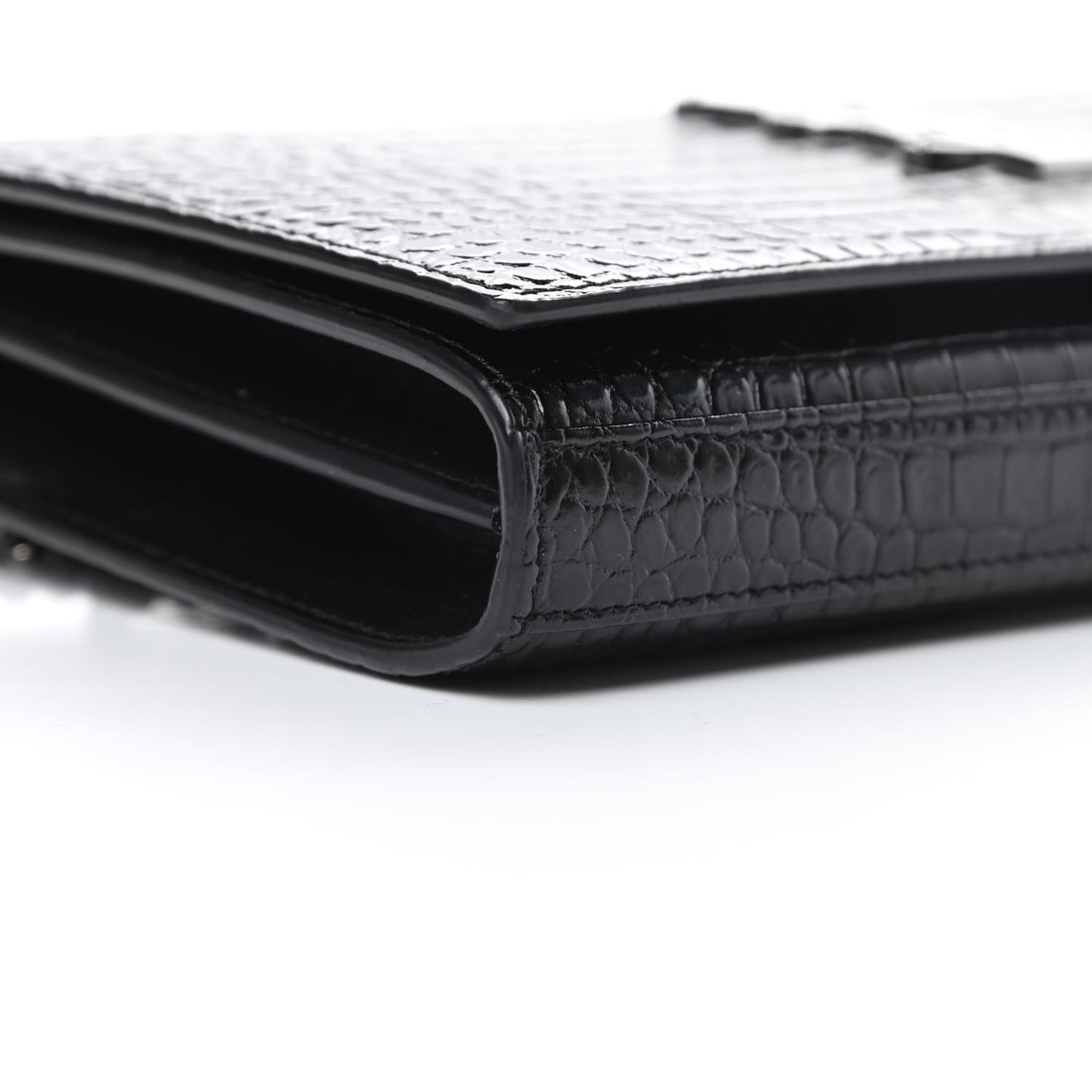 Calfskin Crocodile Embossed Monogram Chain Wallet Black