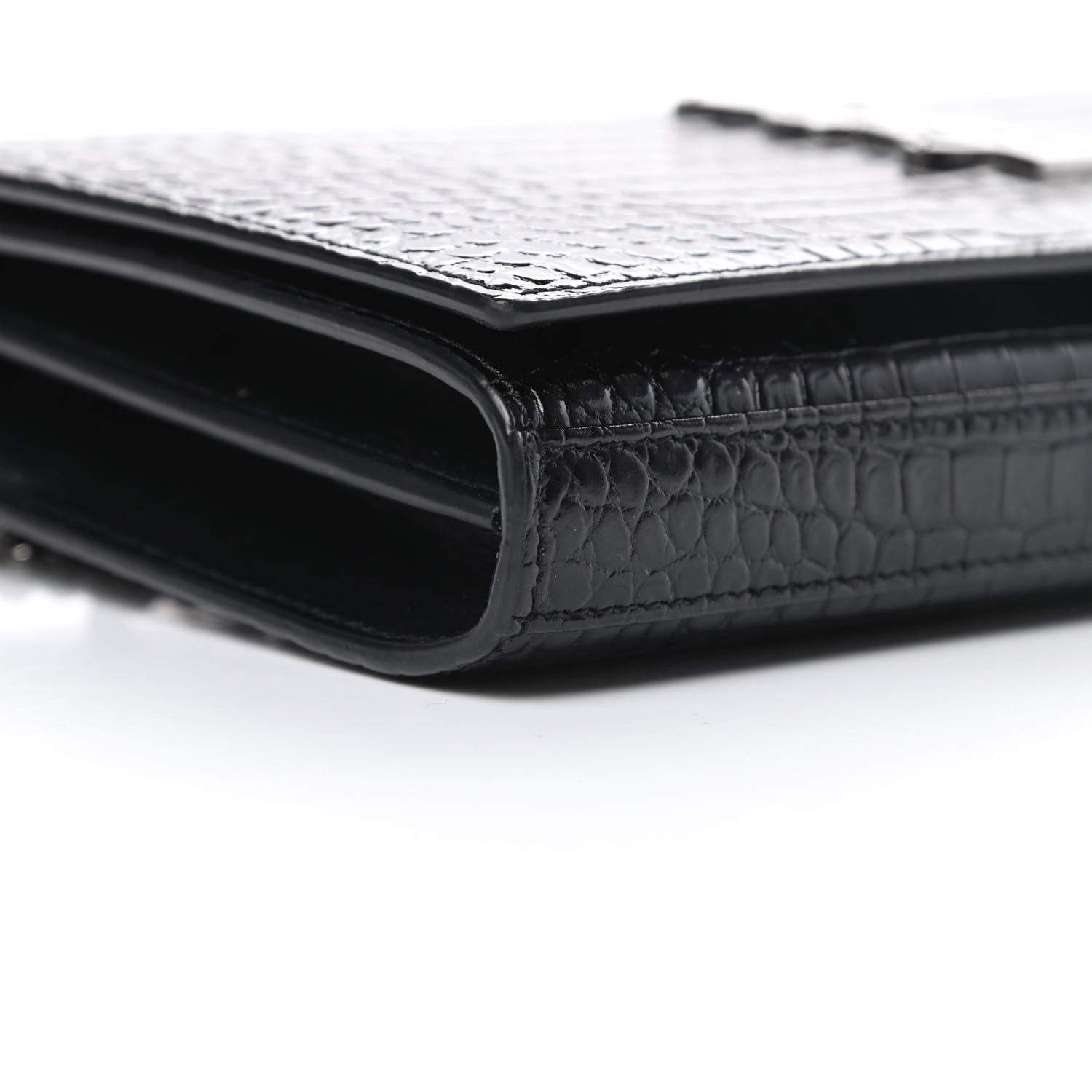 Saint Laurent Calfskin Crocodile Embossed Monogram Chain Wallet Black 9 of 15