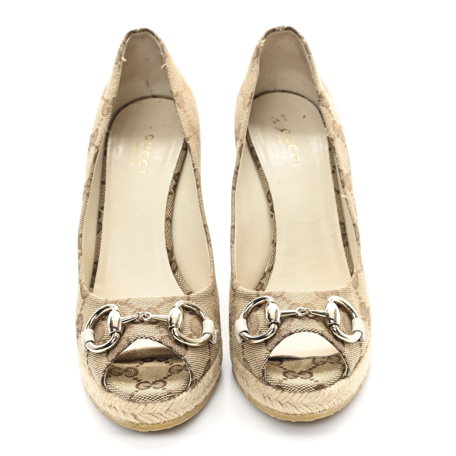 Gucci Monogram Horsebit Open Toe Espadrille Wedges 36 Beige 3 of 10
