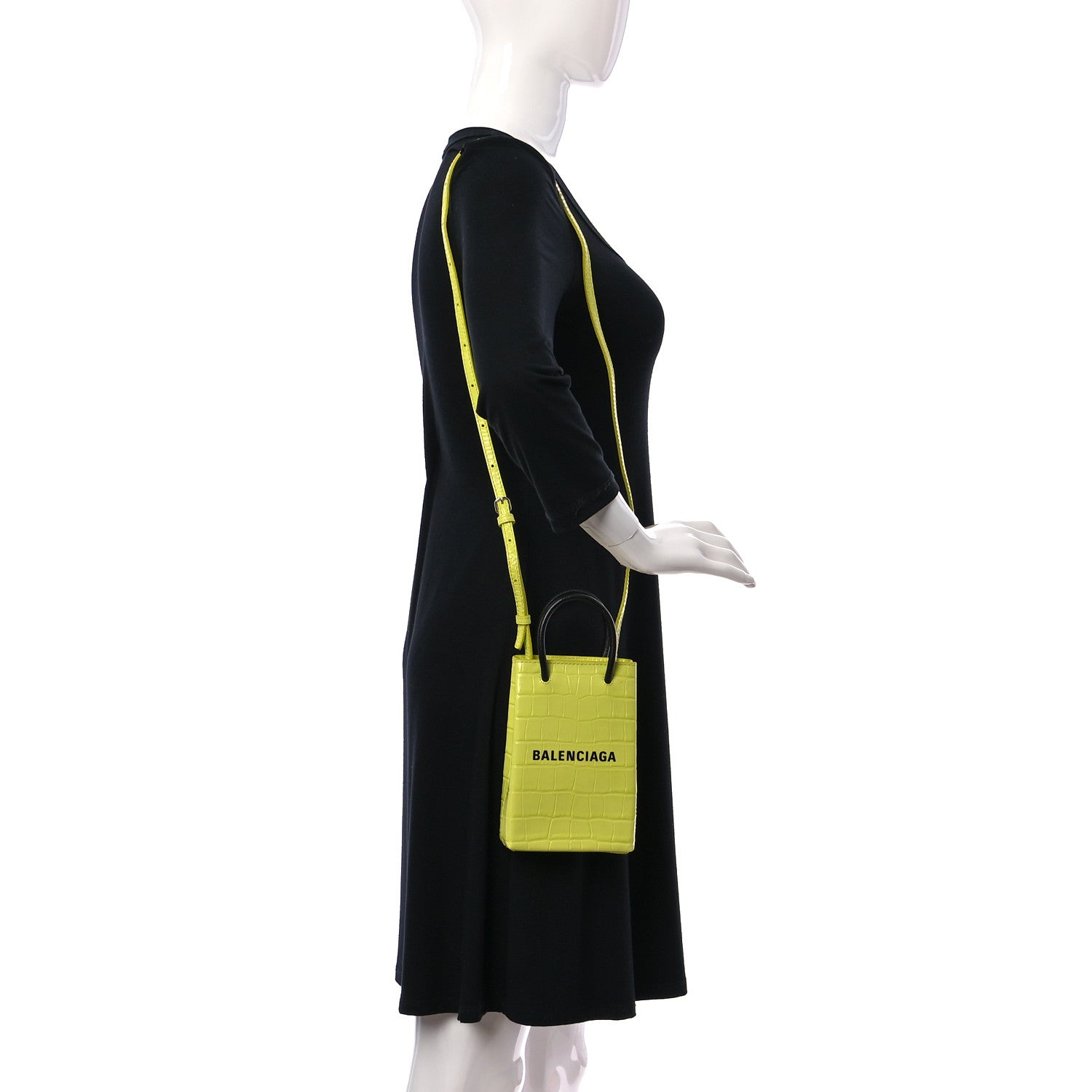 Balenciaga Calfskin Crocodile Embossed Logo Shopping Phone Holder Bag Lime 2 of 10