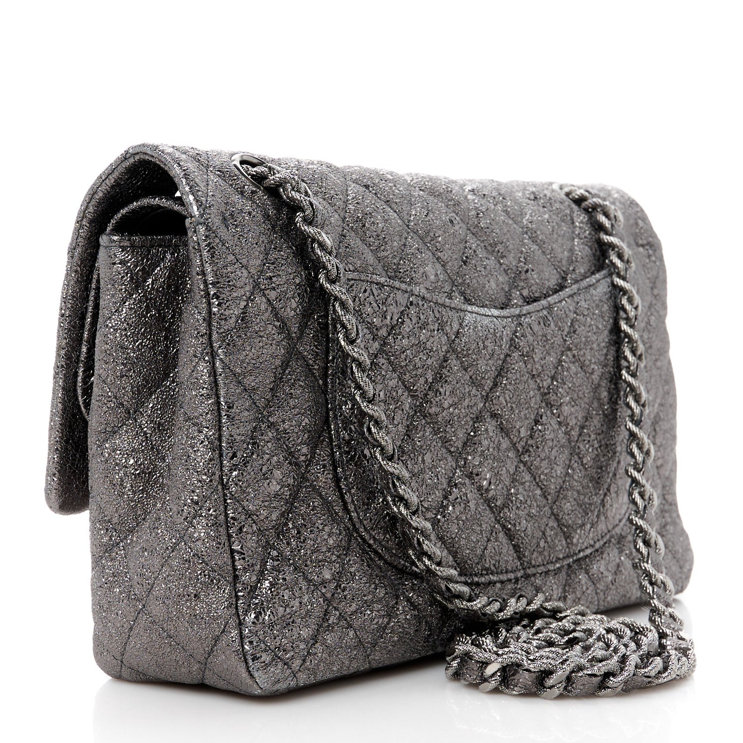 Metallic Crackled Calfskin Medium Double Flap Dark Silver