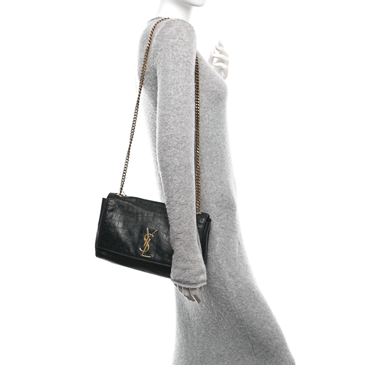 Calfskin Crocodile Embossed Suede Medium Reversible Monogram Kate Satchel Military Taupe
