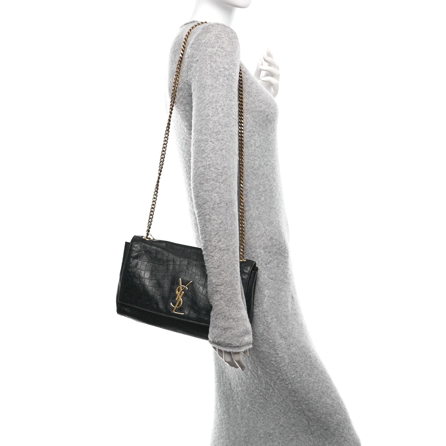 Saint Laurent Calfskin Crocodile Embossed Suede Medium Reversible Monogram Kate Satchel Military Taupe 2 of 17