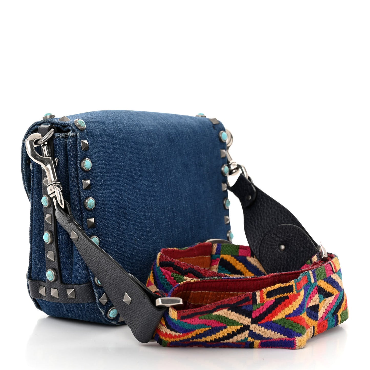 Denim Guitar Strap Rockstud Rolling Shoulder Flap Messenger Bag