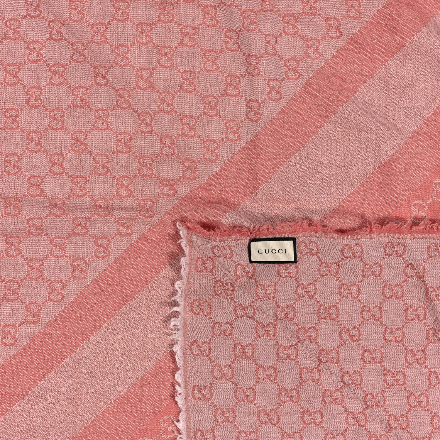Gucci Wool Silk Monogram GGWeb Fringe Shawl Rose Ivory 2 of 3