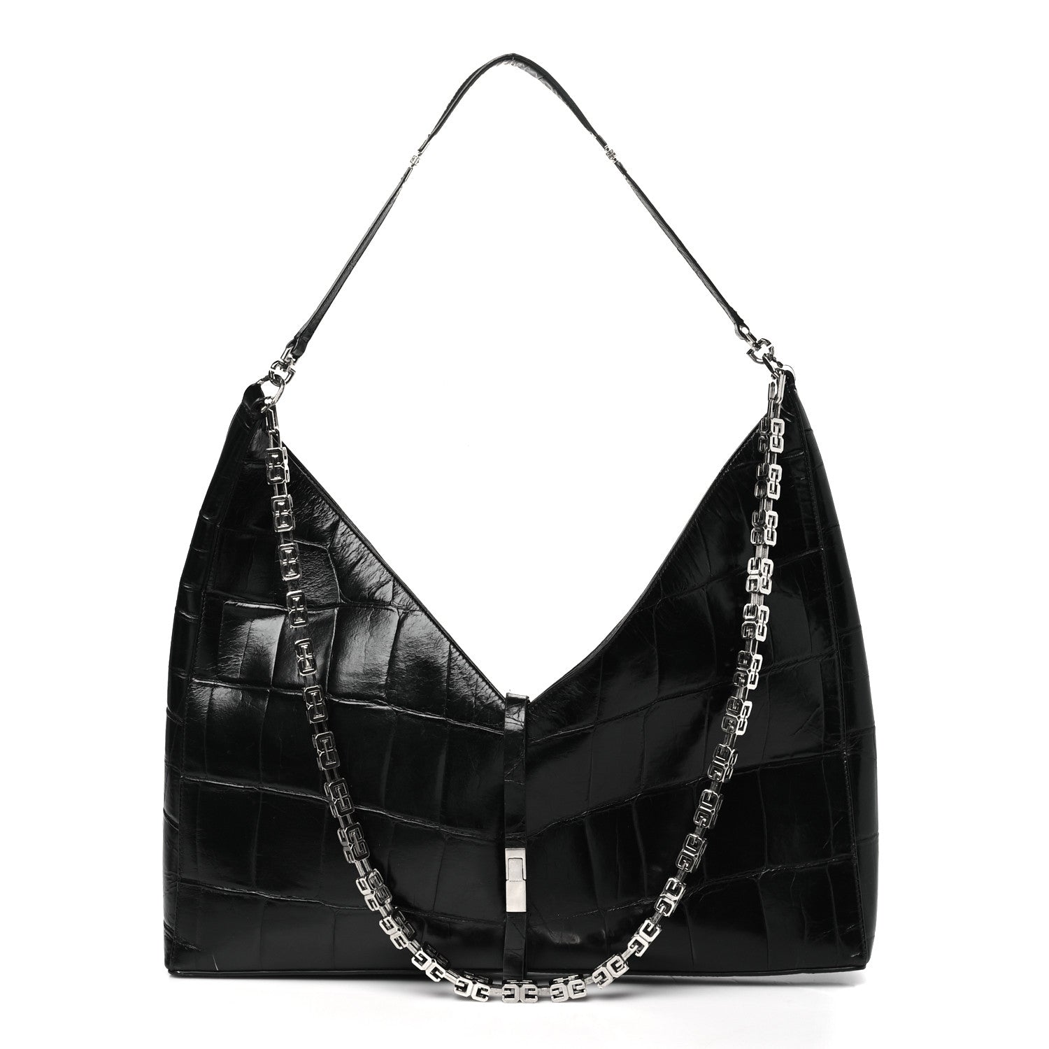 Givenchy Calfskin Crocodile Embossed Large Cut Out Shoulder Bag Black 1 of 13