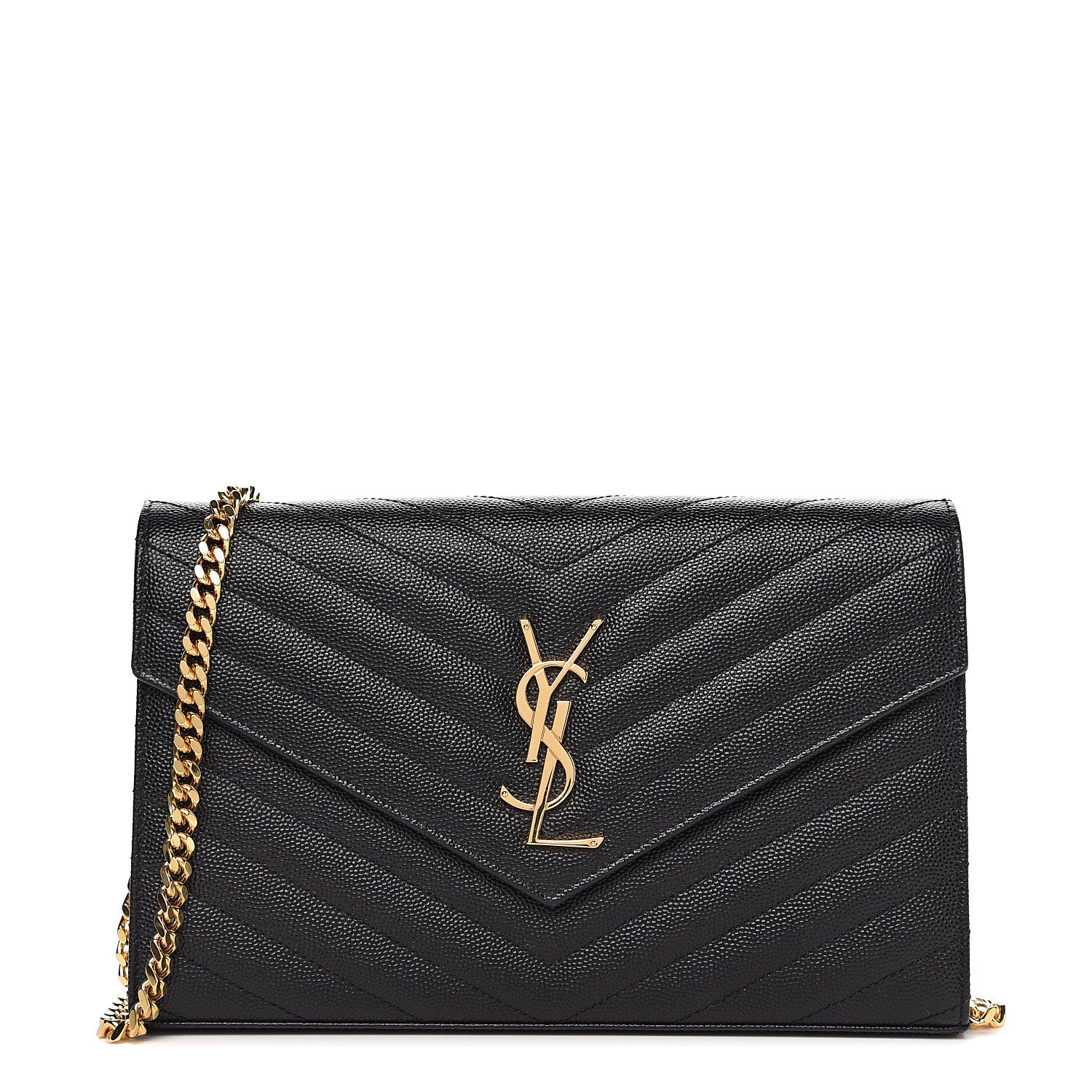 Saint Laurent Grain De Poudre Matelasse Chevron Monogram Chain Wallet Black 1 of 9