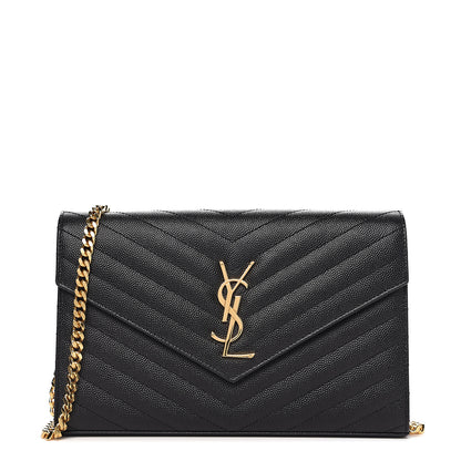 Saint Laurent Grain De Poudre Matelasse Chevron Monogram Chain Wallet Black 1 of 9