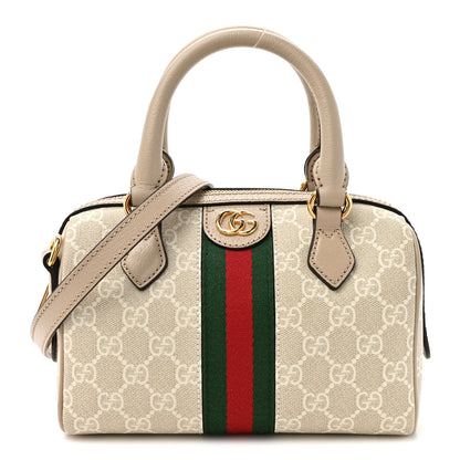Gucci GG Supreme Monogram Textured Dollar Calfskin Web Ophidia Mini Top Handle Bag Beige Mystic White Oatmeal 1 of 10