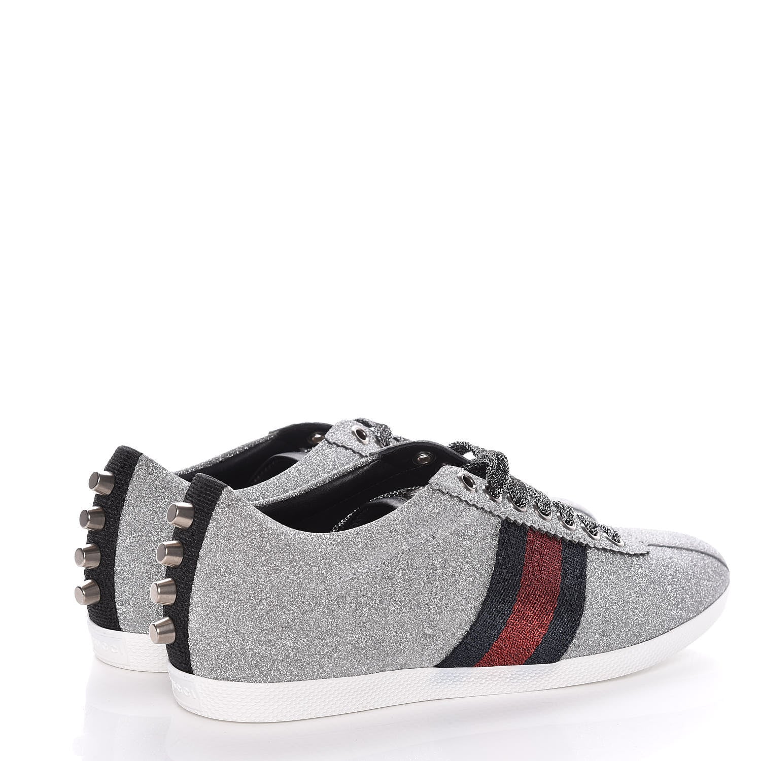 Gucci Glitter Fabric Studded Web Sneakers 36.5 Silver 4 of 11