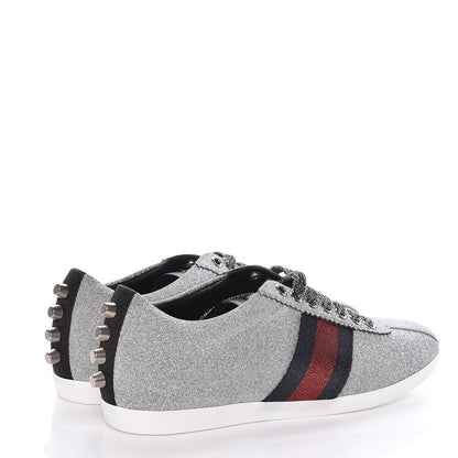 Gucci Glitter Fabric Studded Web Sneakers 36.5 Silver 4 of 11