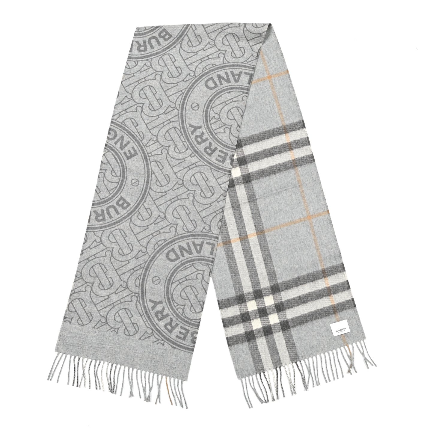 Cashmere Half Mega Check Monogram TB Reversible Fringe Scarf Mid Grey