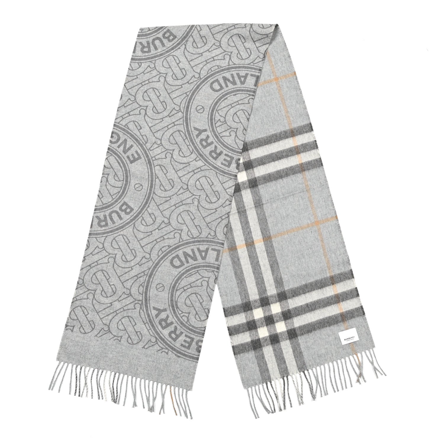 Burberry Cashmere Half Mega Check Monogram TB Reversible Fringe Scarf Mid Grey 2 of 3