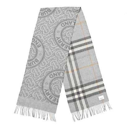 Burberry Cashmere Half Mega Check Monogram TB Reversible Fringe Scarf Mid Grey 2 of 3