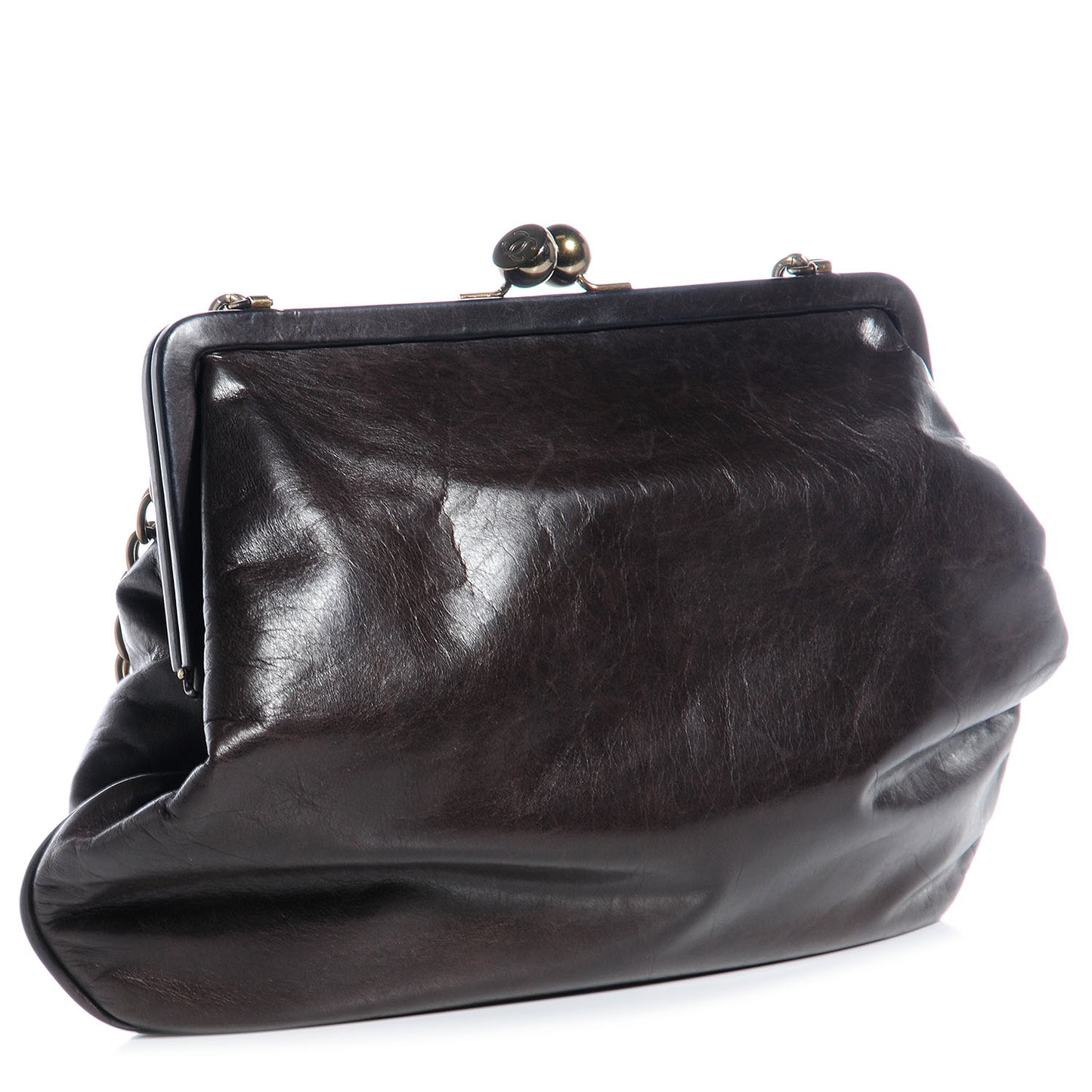 Glazed Calfskin Kisslock Frame Bag Dark Brown