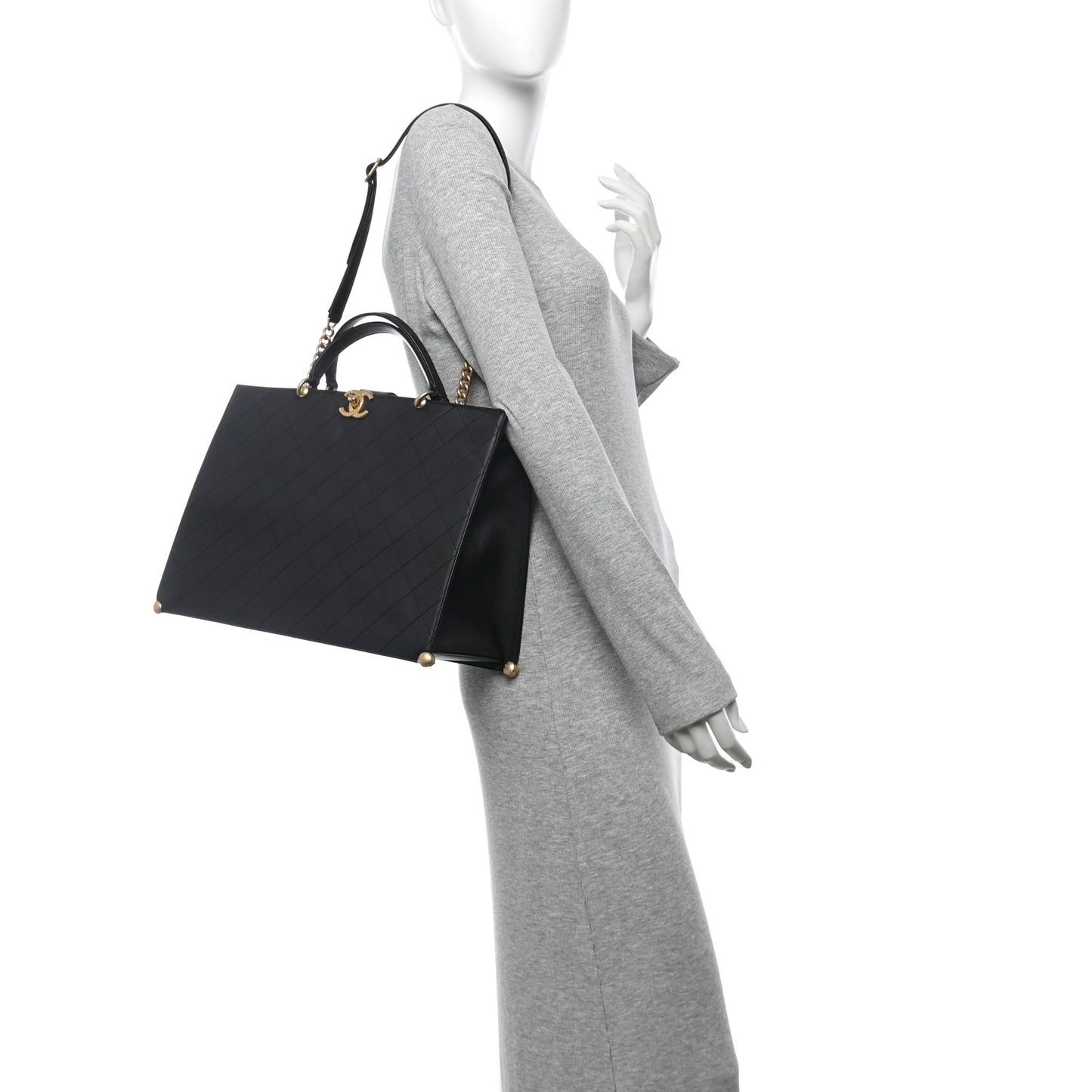 Calfskin Stitched Large Shopping Tote Bag Black