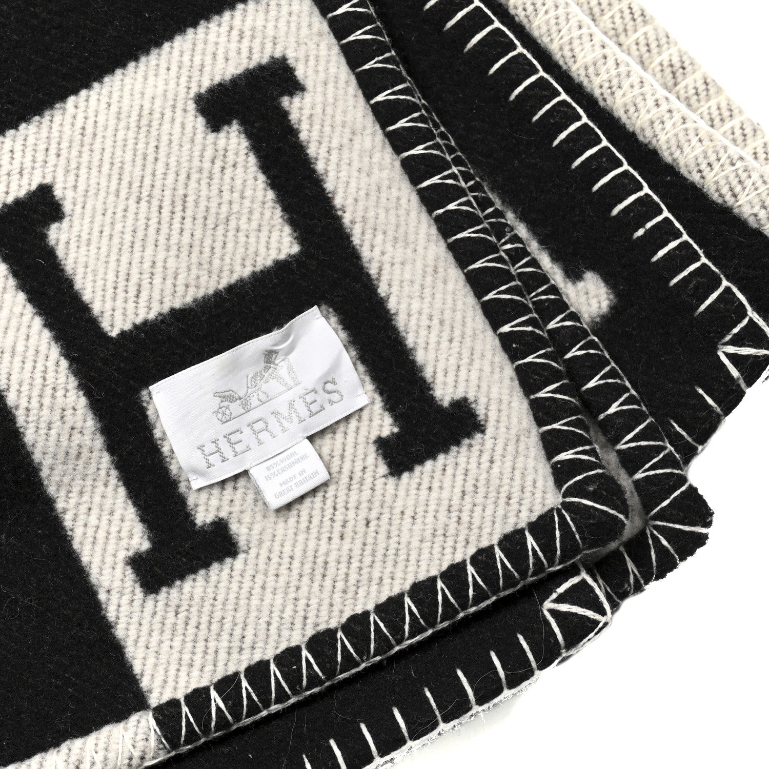 Hermes Wool Cashmere Signature Avalon Blanket Ecru Gris Fonce 3 of 5