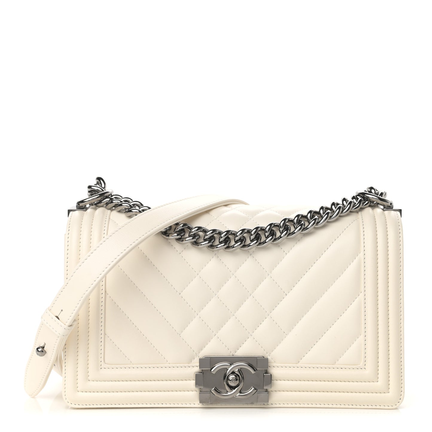 Lambskin Quilted Chevron Medium Boy Flap White