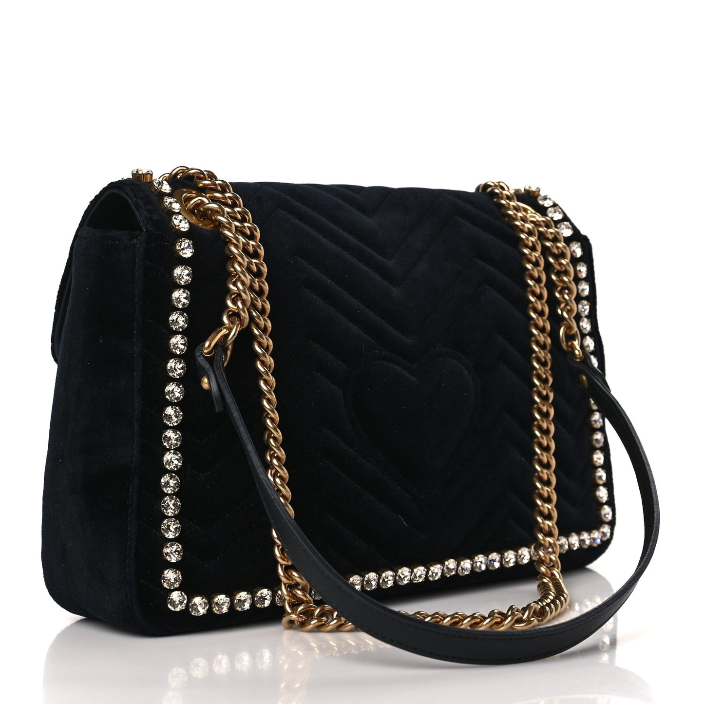 Velvet Matelasse Crystal Medium GG Marmont Shoulder Bag Black