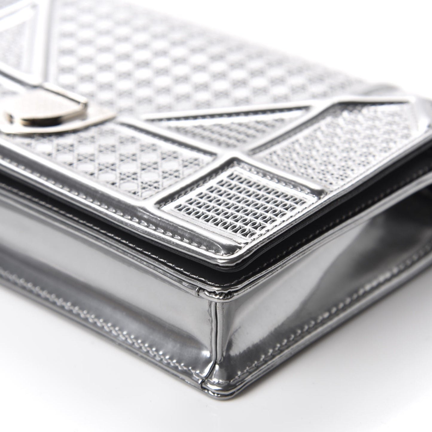 Metallic Patent Micro-Cannage Diorama Wallet on Chain Pouch Silver