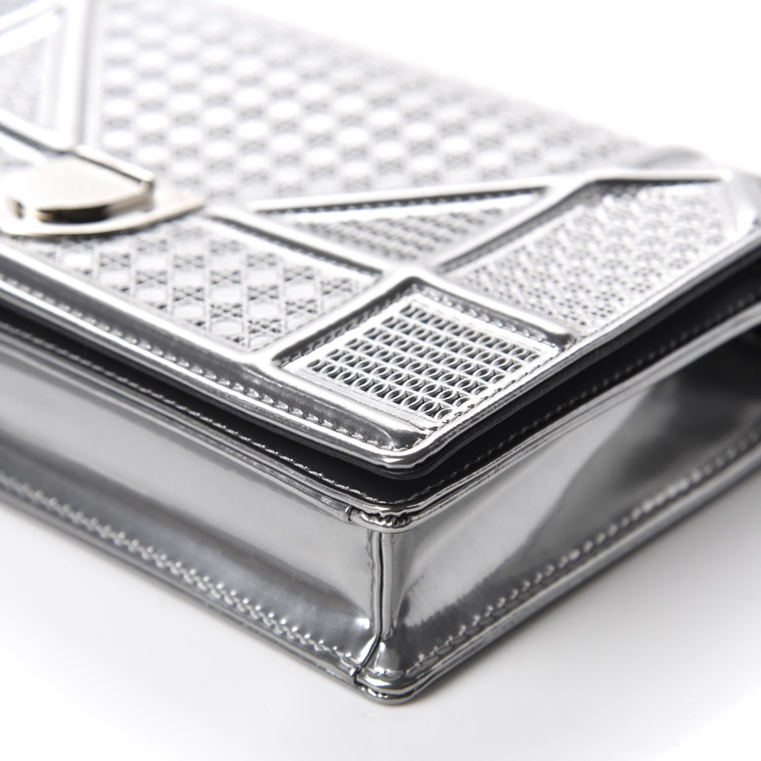 Christian Dior Metallic Patent Micro-Cannage Diorama Wallet on Chain Pouch Silver 7 of 10