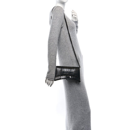 Balenciaga Shiny Calfskin Monochrome Crocodile Embossed Small Hourglass Evening Chain Bag Black 2 of 10