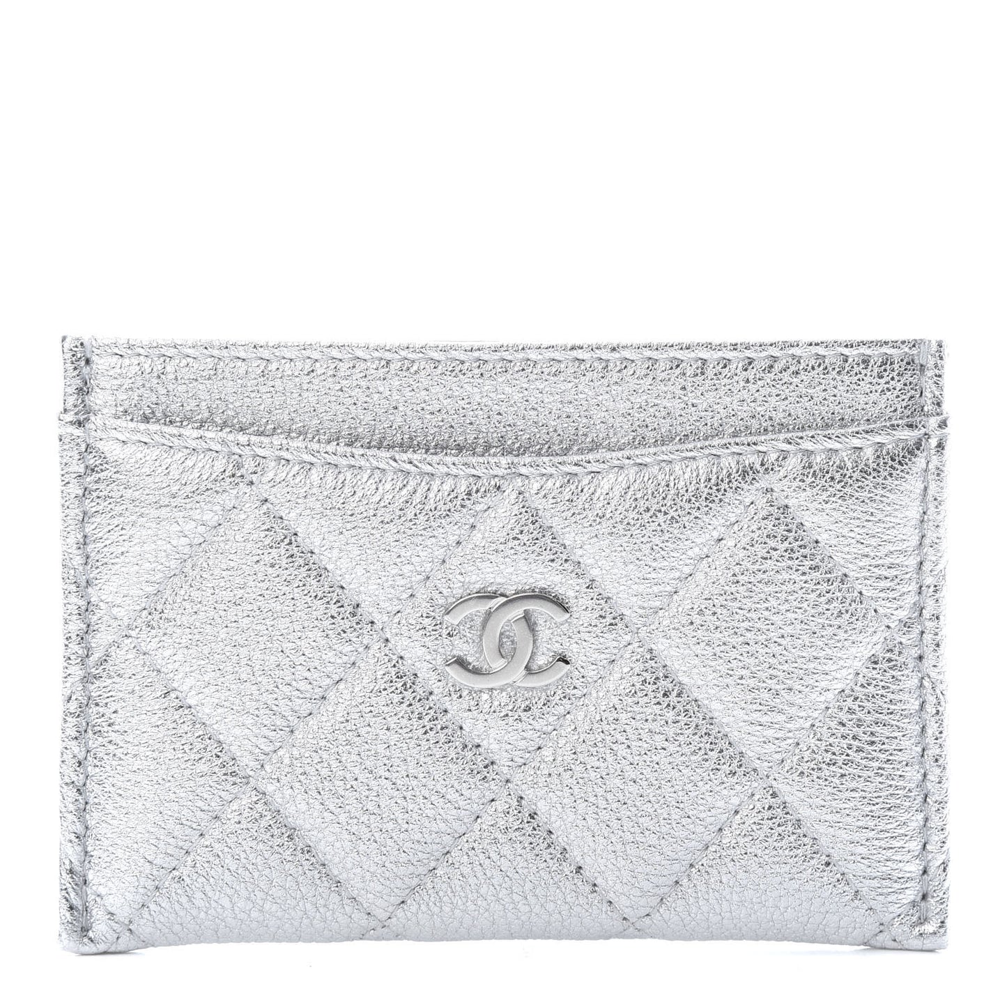 Metallic Lambskin Quilted Card Holder Silver