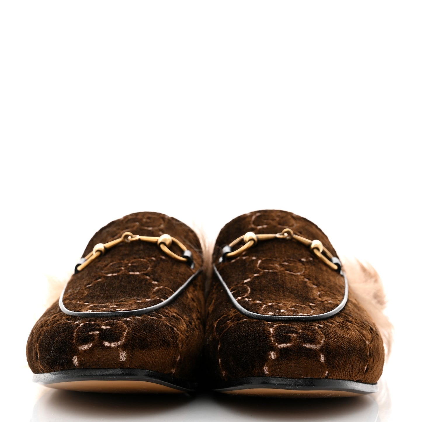 Velvet GG Monogram Fur Womens Princetown Slippers 37.5 Brown Black Natural