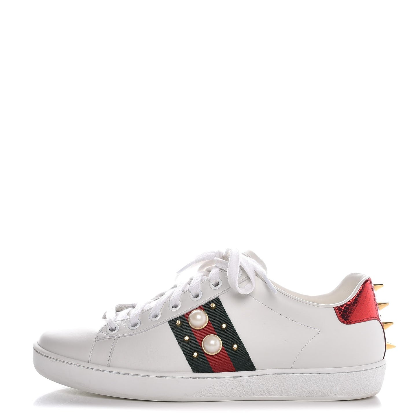 Calfskin Web Pearl Studded Ace Sneakers 36.5 White